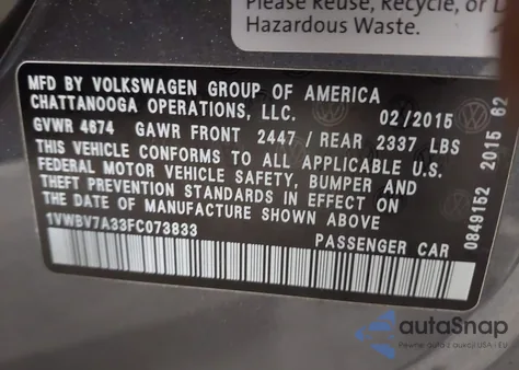 2015 Volkswagen Passat 2.0L Tdi Se из США, поврежденный, VIN 1VWBV7A33FC073833